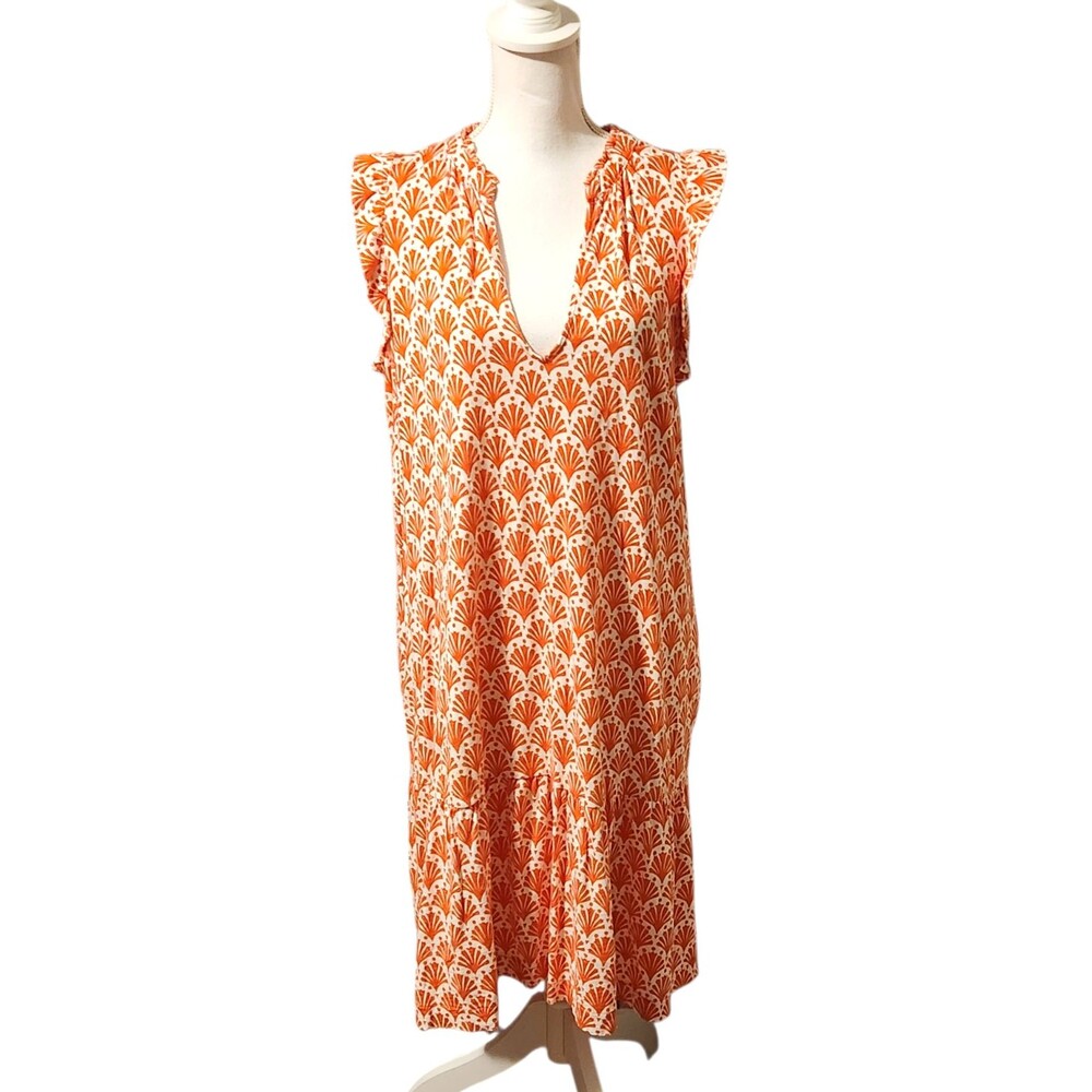 Boden Daisy Dress Shell Print Orange & White V-Neck Pockets Womens Size 12L